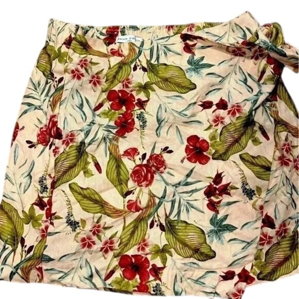 Maison d'Amelie Linen Blend floral skirt,‎ casual, tie, wrap, short, summer F14